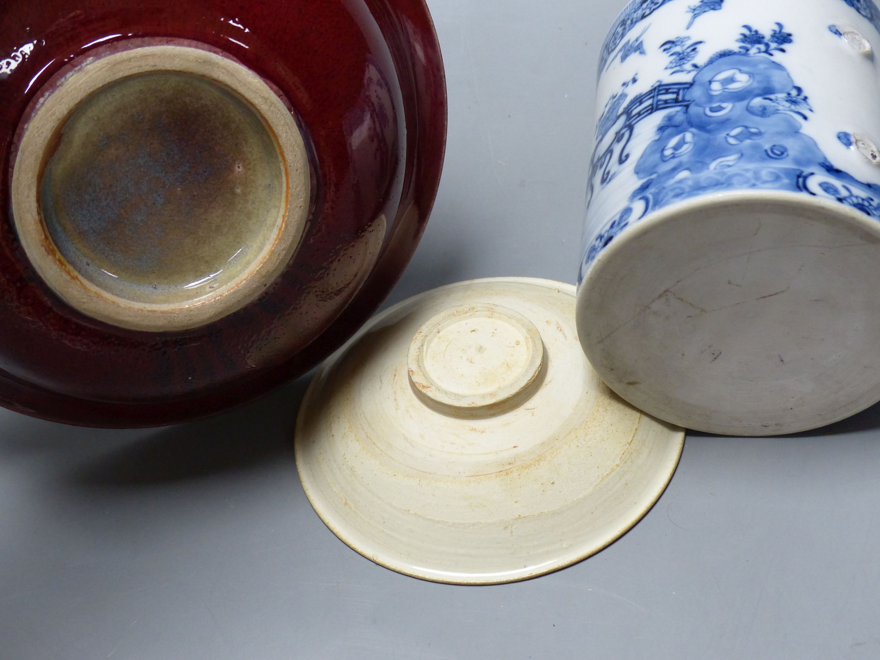 A Chinese blue and white mug, height 13cm, a bowl and a dish